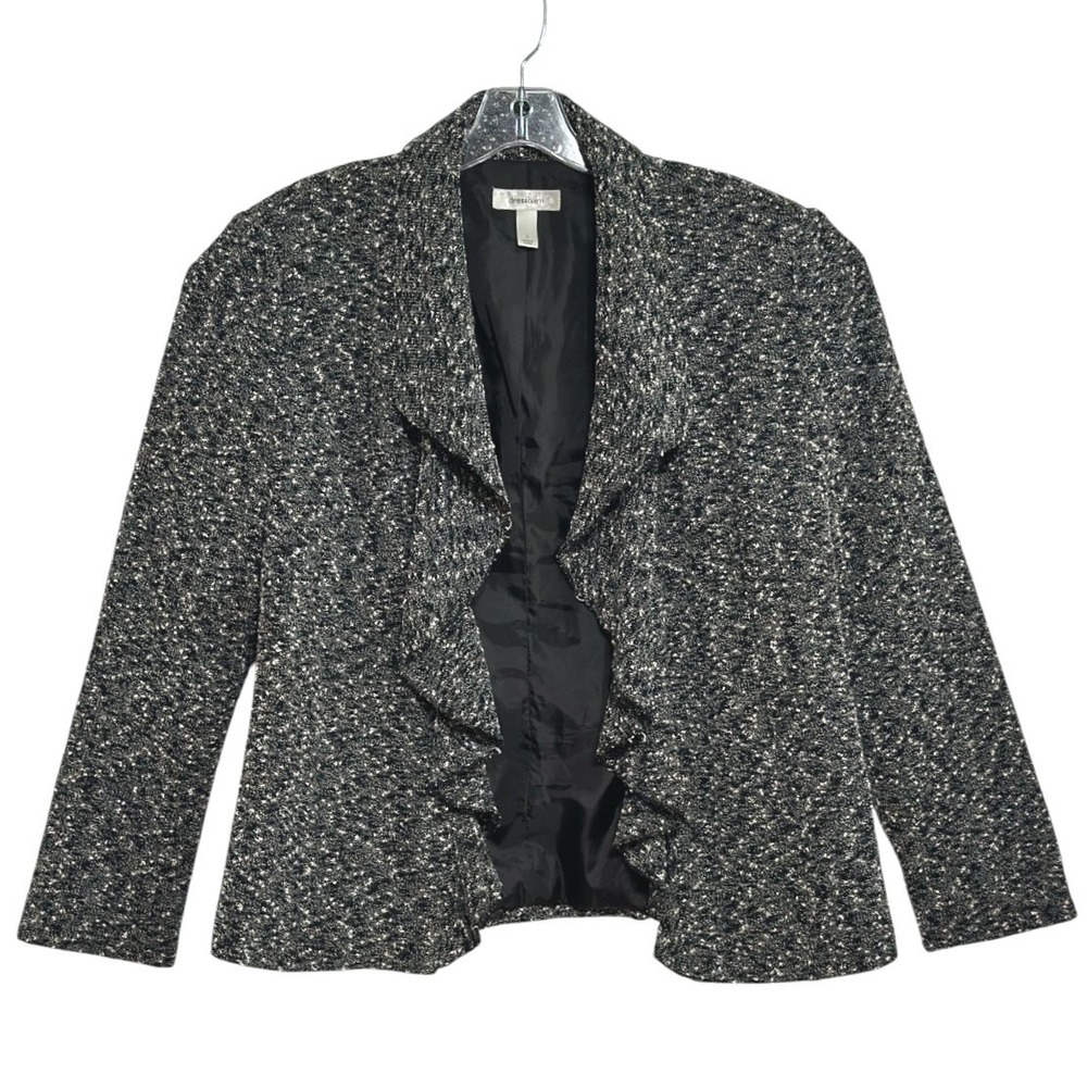 Dressbarn Blazer Women Black White Ruffle Front Tweed Textured Dark Academia L